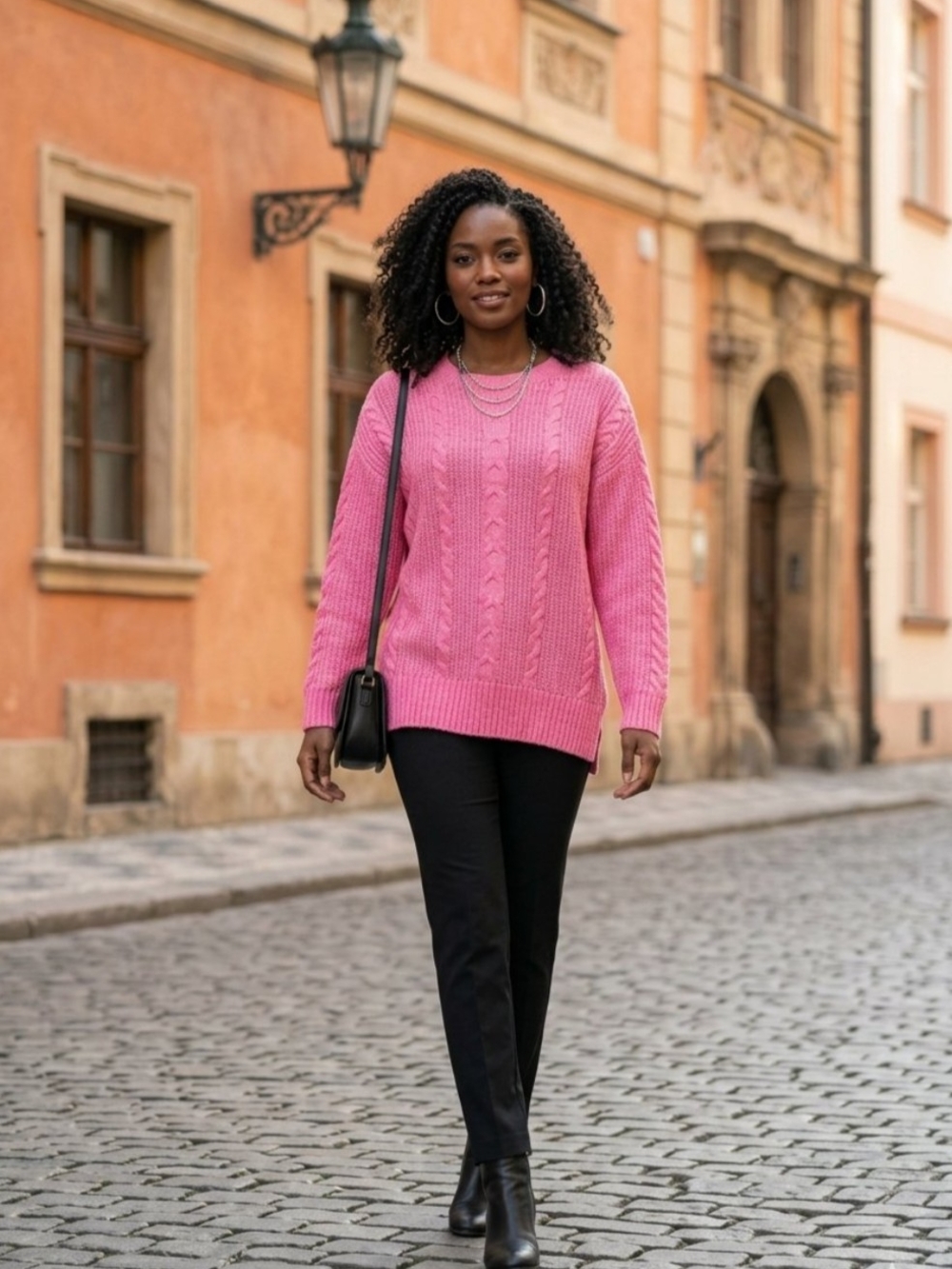 CAbi Pink Cable-Knit Crewneck Sweater